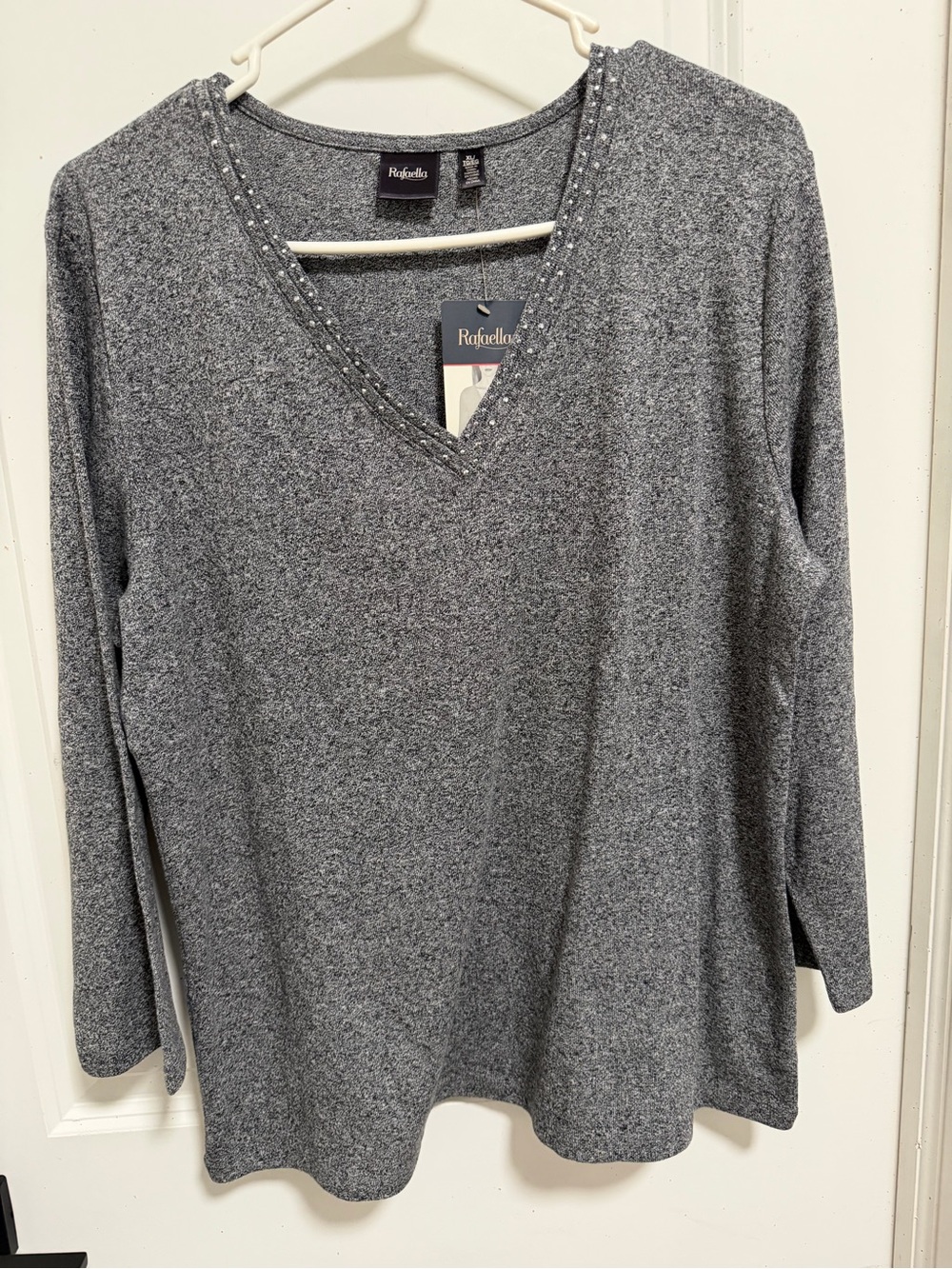 Rafaella Heather Gray V-Neck Sweater with Stud Trim